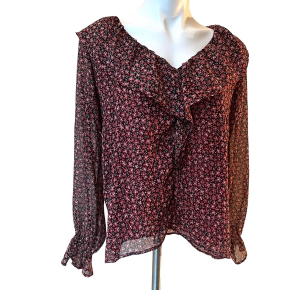 Loft Floral Ruffle Blouse, Dark Permisson, Sz S - Picture 9 of 15